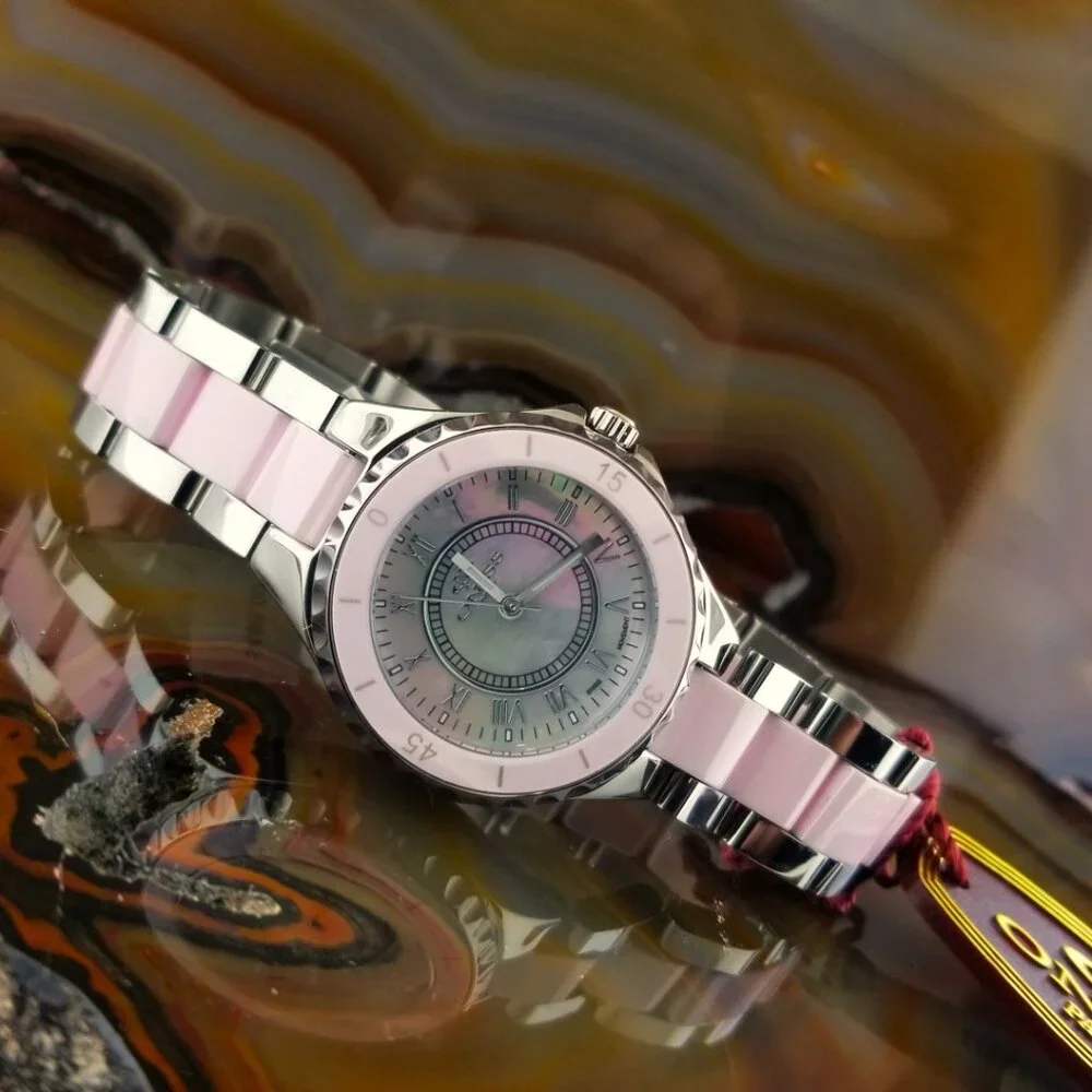 New Womens ONISS Swiss Pink Ceramic & Steel J12 Watch ON400
